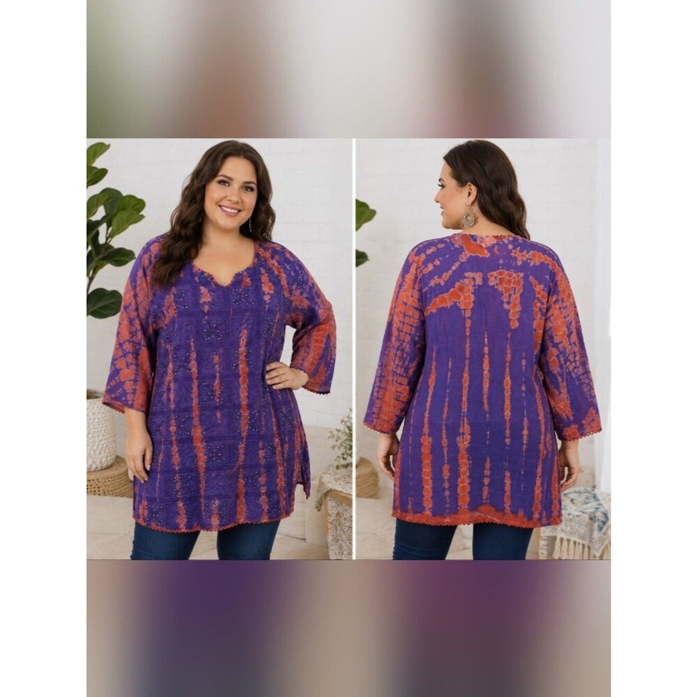 krishna plus size purple orange tie dye beaded tunic top boho cotton india